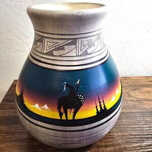 Dineh Navajo Native American Etched Ceramic Vase 9.5x8" Sunset Mountains Signed